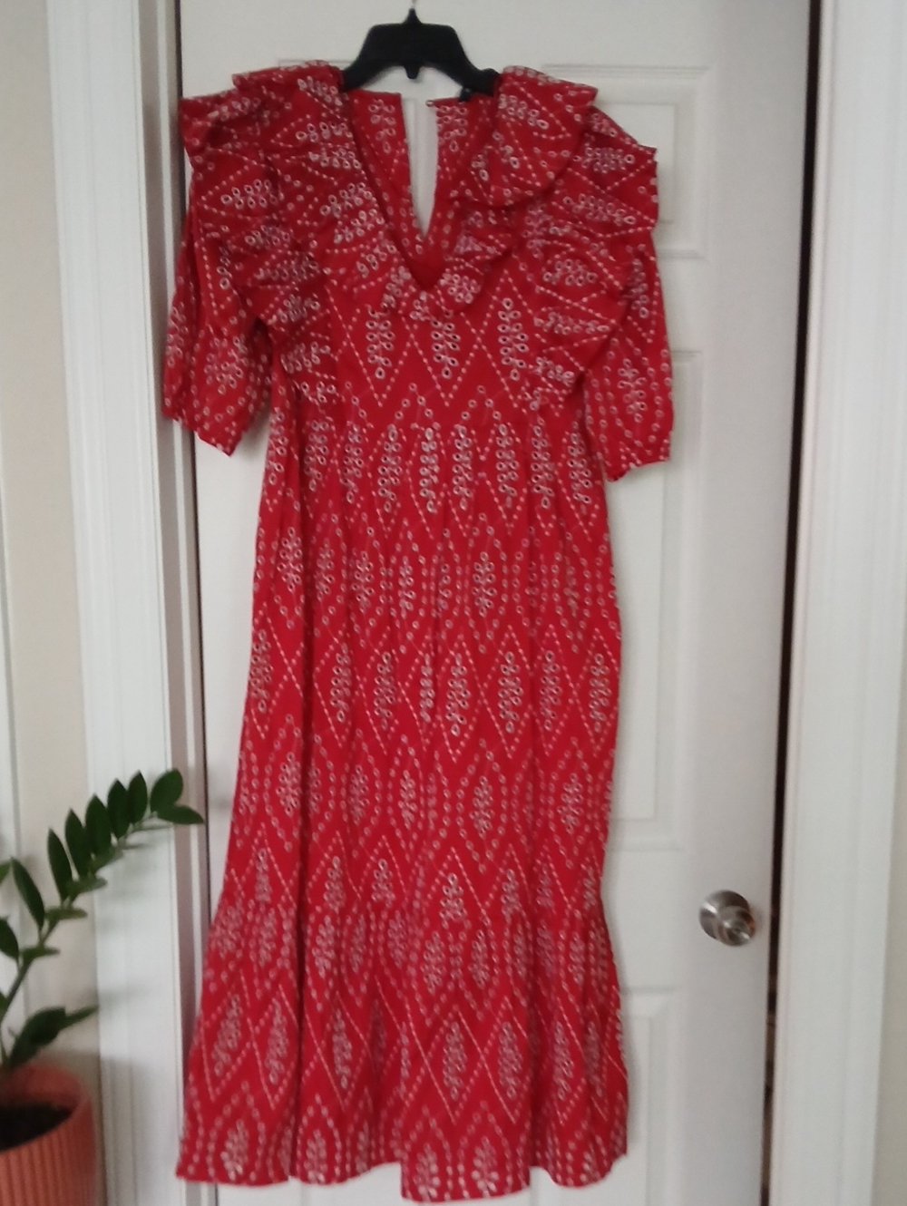 Zara Red Midi Dress with Ruffle V-Neck